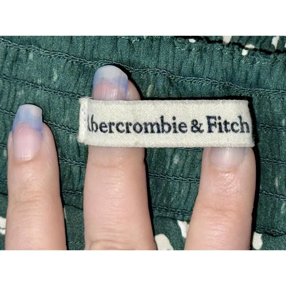 NEW Abercrombie & Fitch Green White Ruffled Smocked Puff Sleeve Blouse Size XXS